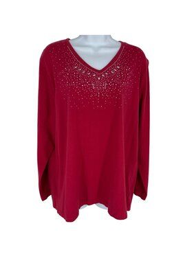 Quacker Factory Womens Red Rhinestone V-Neck Long Sleeve Top XL
